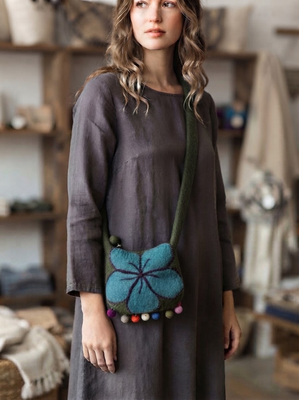 Windhorse Felted Wool Crossbody Bag with Floral Motif and Pom-Poms Boho